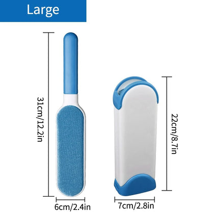 A lint roller with a white handle and a grey roller head, shown being used to remove lint and fur from a person's sweater. There are additional rollers with different colored attachments displayed beside it.