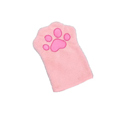 A pink microfiber pet grooming glove with a double-sided design, featuring a palm side with microfiber bristles and a flat side for drying.