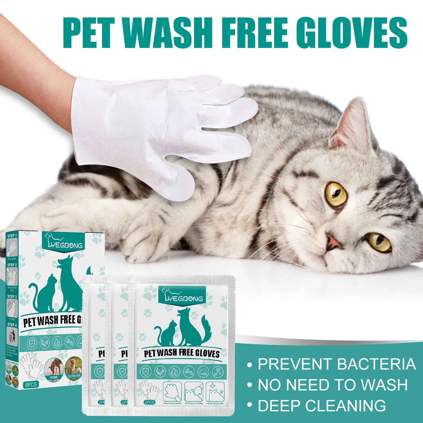 Packaging of No-Rinse Pet Wash Free Gloves with an image of a cat and a human hand holding a white glove.