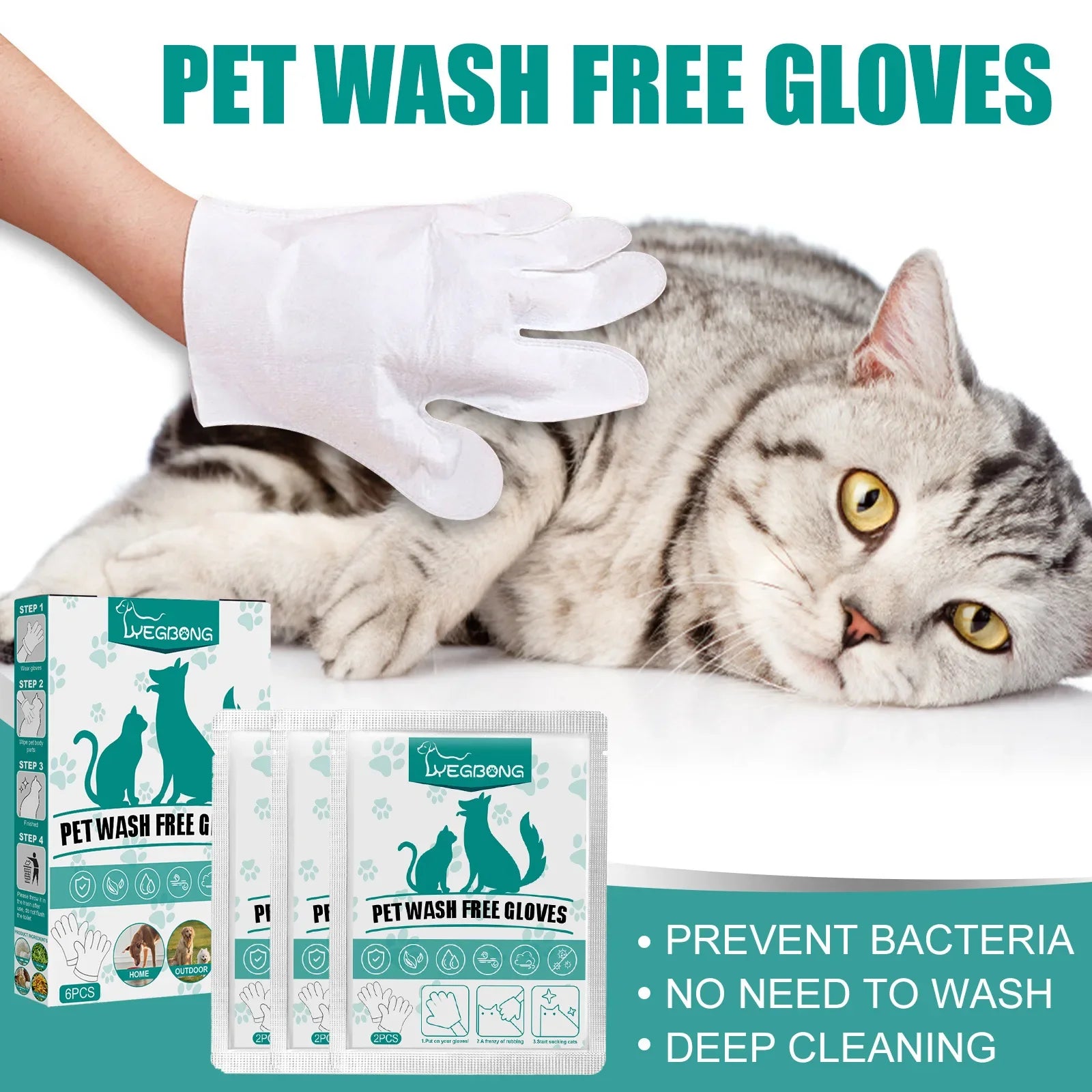 Packaging of No-Rinse Pet Wash Free Gloves with an image of a cat and a human hand holding a white glove.