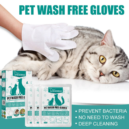 Packaging of No-Rinse Pet Wash Free Gloves with an image of a cat and a human hand holding a white glove.