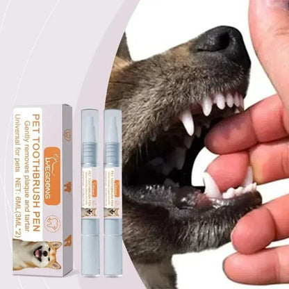 A Pet Dental Pen is shown with its packaging, and an image of a dog's mouth open to reveal its teeth, emphasizing the product's use for pets' oral hygiene.