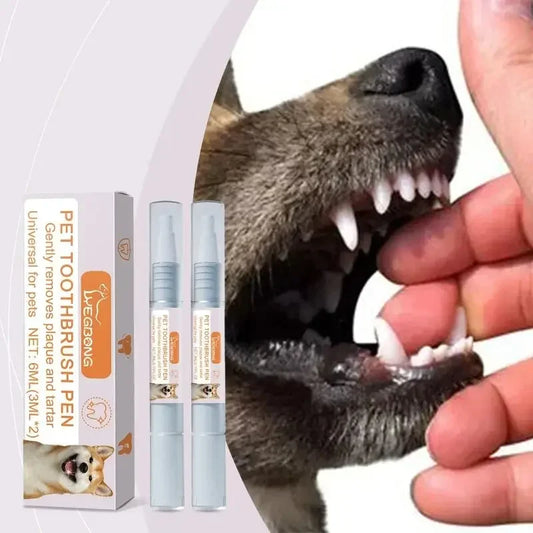 A Pet Dental Pen is shown with its packaging, and an image of a dog's mouth open to reveal its teeth, emphasizing the product's use for pets' oral hygiene.