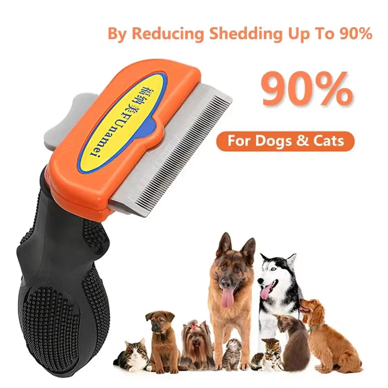 A grooming comb with a black handle and orange detailing, marketed for pets, with a graphic indicating it reduces shedding by 90% and an assortment of dogs and cats beside it.