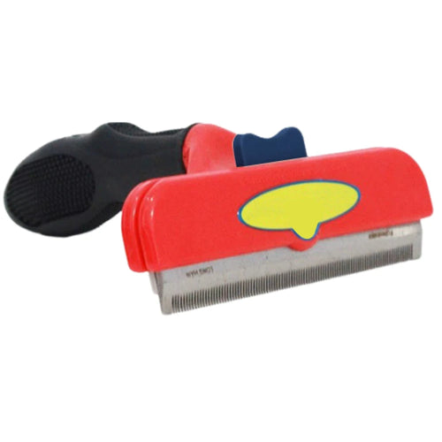 A grooming comb with a black handle and orange detailing, marketed for pets, with a graphic indicating it reduces shedding by 90% and an assortment of dogs and cats beside it.