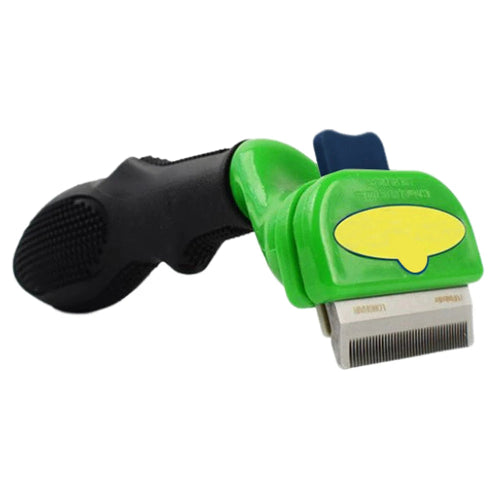 A grooming comb with a black handle and greene detailing, marketed for pets, with a graphic indicating it reduces shedding by 90% and an assortment of dogs and cats beside it.