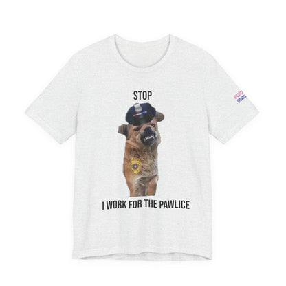 White t-shirt with a dog graphic and text on a white background