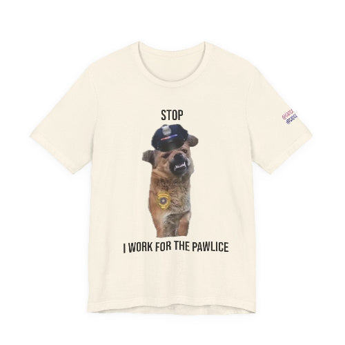 Beige t-shirt with a dog wearing a police hat graphic and text on a white background