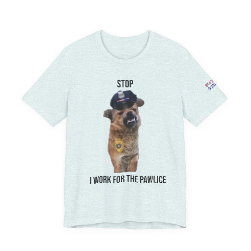 Light blue t-shirt with a dog graphic and text on a white background