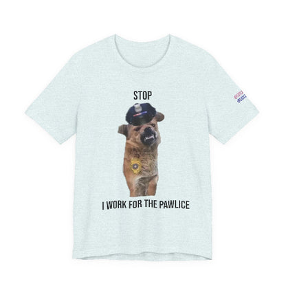 Light blue t-shirt with a dog graphic and text on a white background