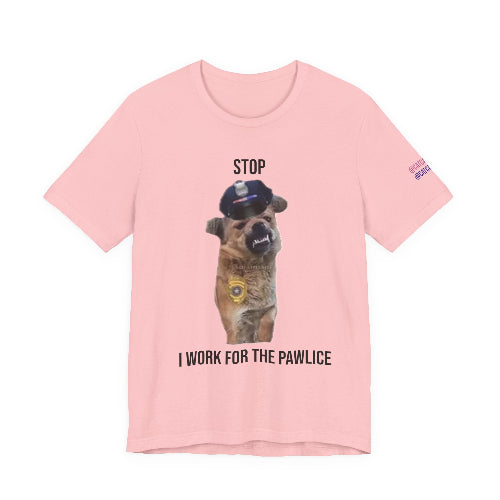 Pink t-shirt with a dog graphic and text on a white background