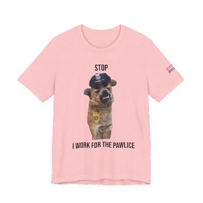Pink t-shirt with a dog graphic and text on a white background