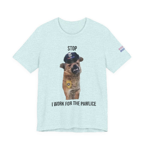 Light blue t-shirt with a dog graphic and text on a white background