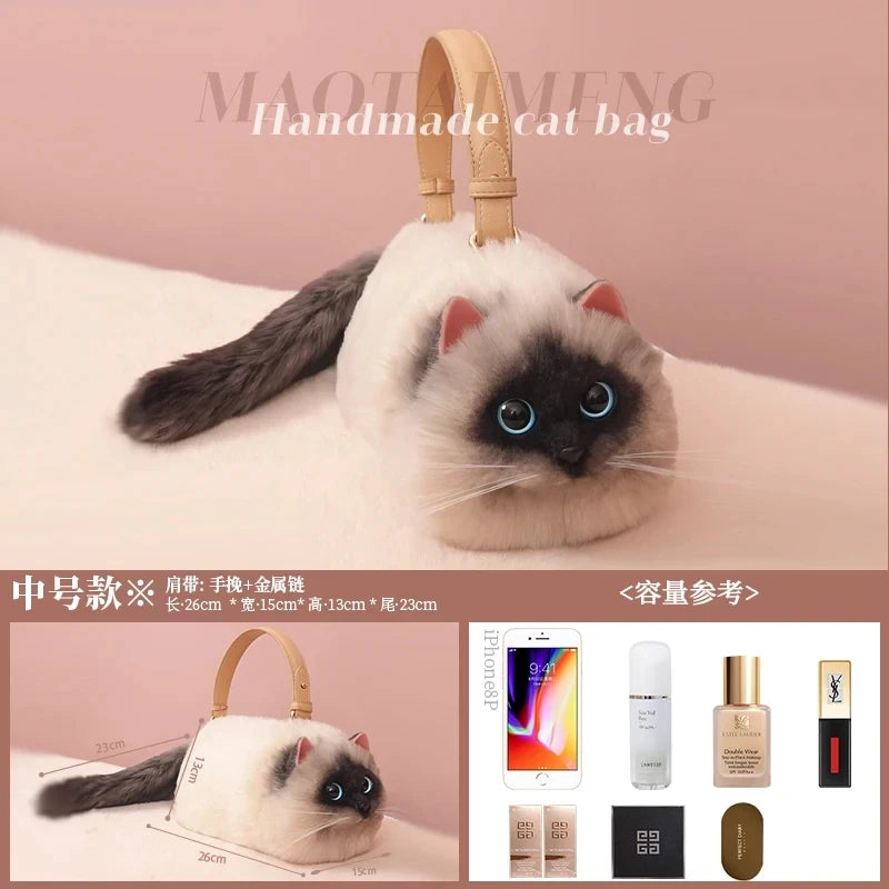 A plush cat-shaped one-shoulder bag in white and gray colors with blue eyes, displayed in different sizes and being used to carry various items such as a phone and cosmetics.