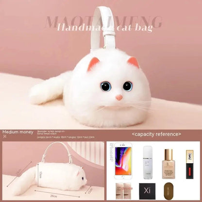 A white plush cat-shaped handbag with a capacity reference label, displayed on a pink background. The handbag is shown in different styles, including as a one-shoulder bag and a crossbody bag, with a phone and other items placed in it to demonstrate its spaciousness.