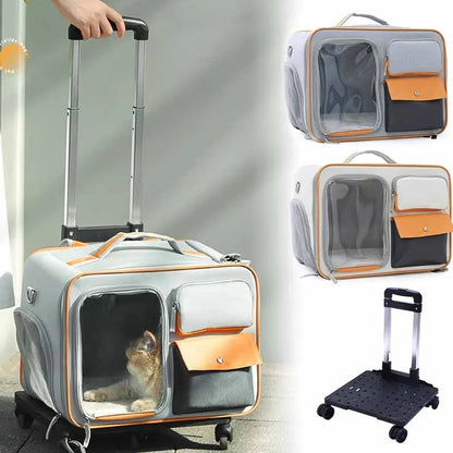 A portable pet backpack stroller carrier in gray with orange trim. It is shown in different angles, highlighting its 2-in-1 design, mesh ventilation panels, and the pet inside looking out.