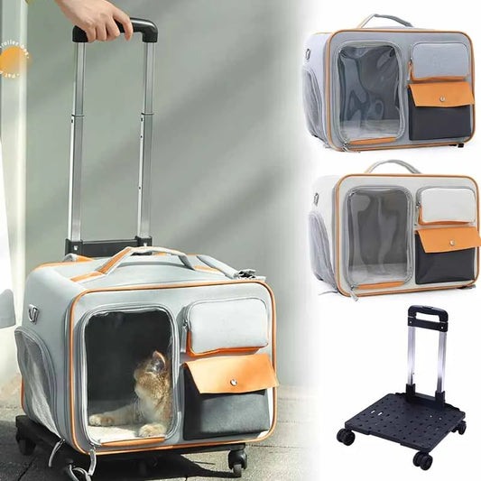 A portable pet backpack stroller carrier in gray with orange trim. It is shown in different angles, highlighting its 2-in-1 design, mesh ventilation panels, and the pet inside looking out.