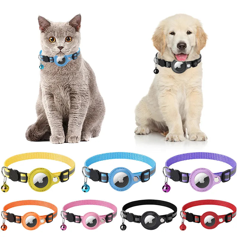 A selection of colorful PurrSecure collars, designed to be Airtag-Ready, displayed on both a cat and a dog. Each collar has a slot for an Airtag and comes in various colors including yellow, blue, purple, pink, black, and red.