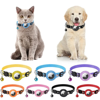 A selection of colorful PurrSecure collars, designed to be Airtag-Ready, displayed on both a cat and a dog. Each collar has a slot for an Airtag and comes in various colors including yellow, blue, purple, pink, black, and red.