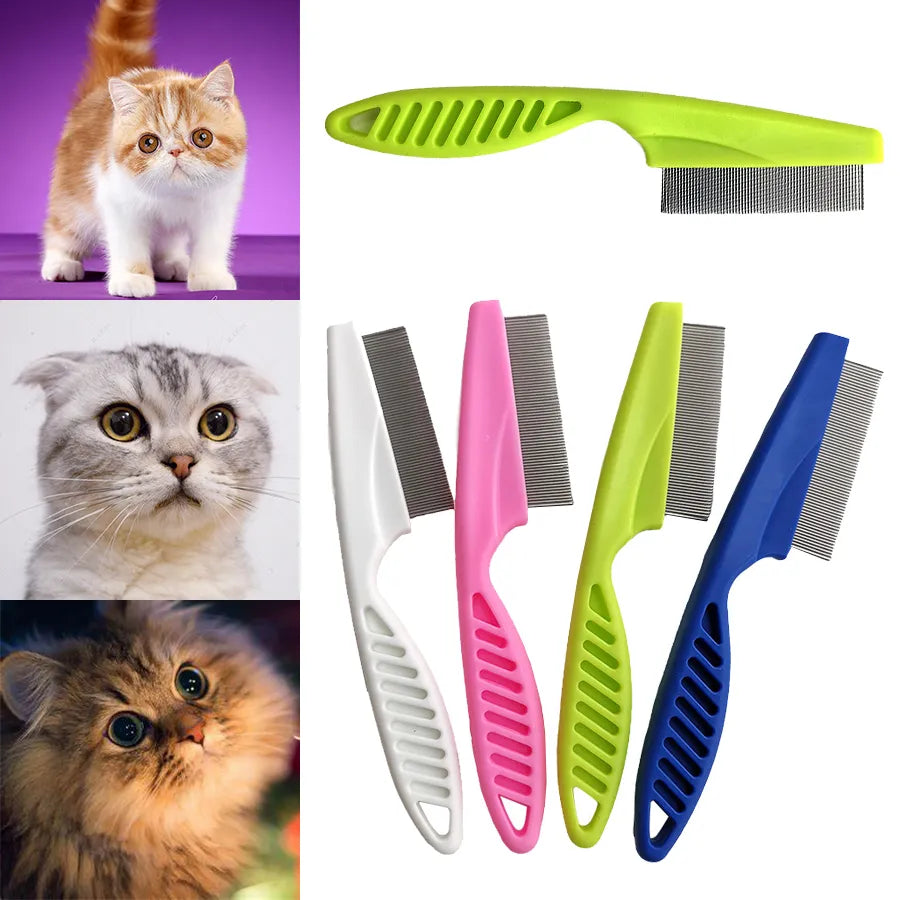 A collage image featuring a green cat comb and a pink cat comb alongside images of cats. The combs are designed for grooming, and the colors represent different grooming tools.