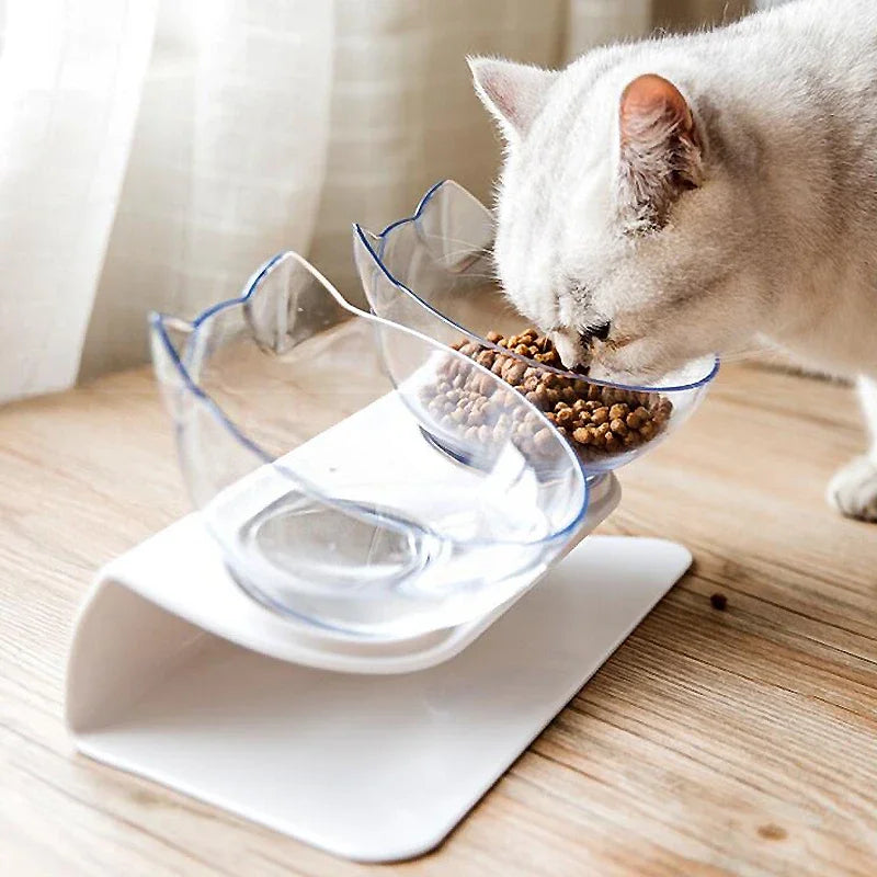 A dual-bowl cat feeder with a white base and clear bowls, with a cat eating from it.