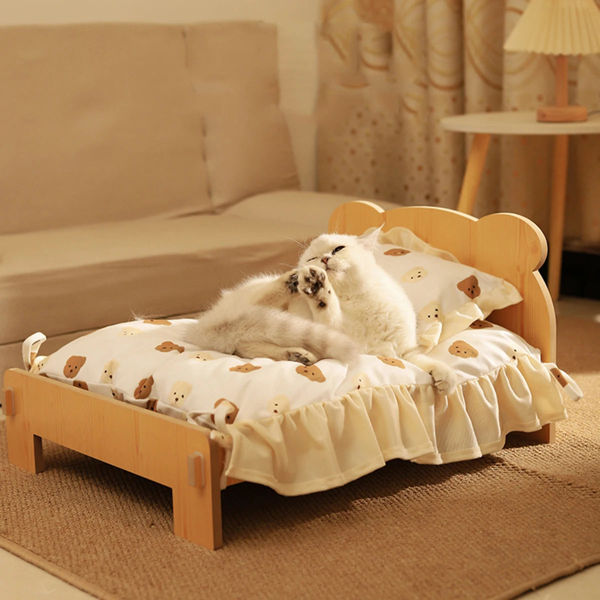 Teddy Bear Cat Bed – Wooden Indoor Pet Furniture