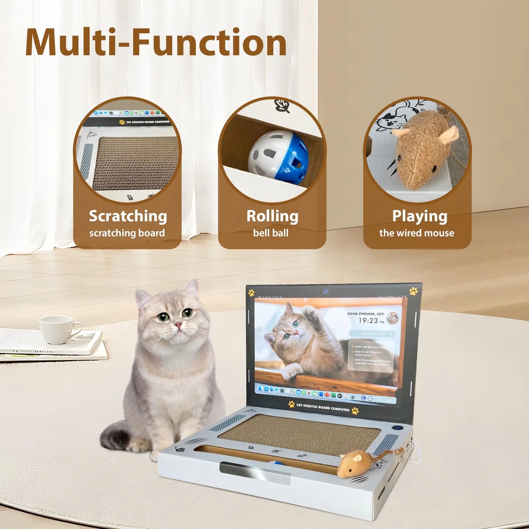 3-in-1 Cat Laptop Scratcher with Mouse & Bell