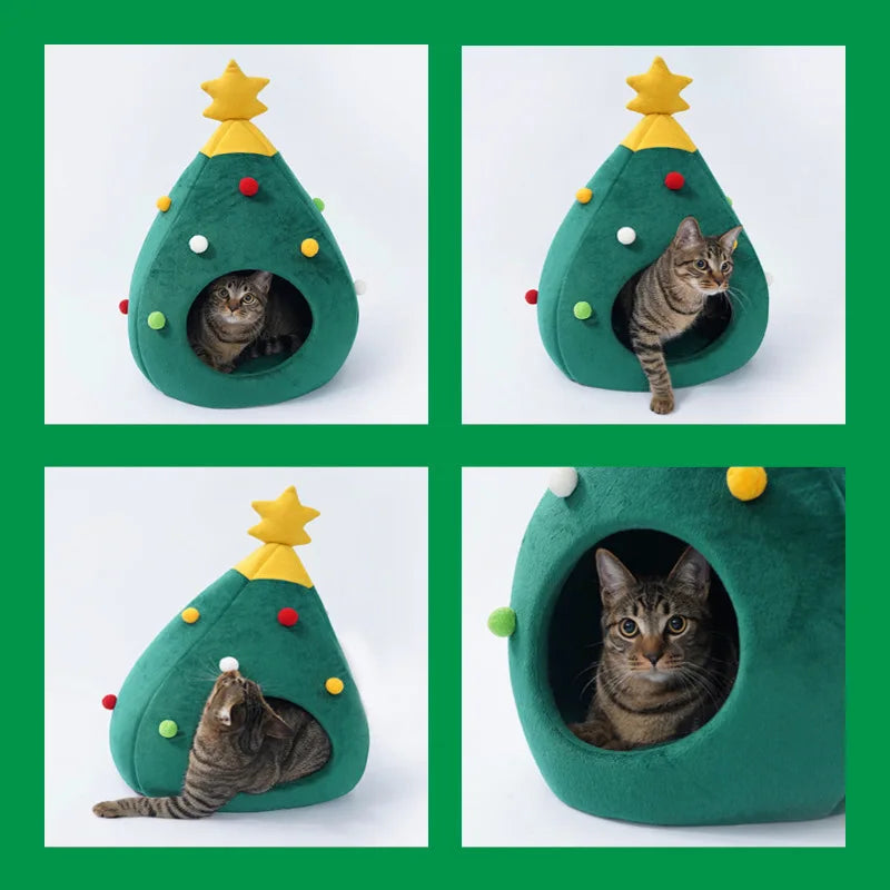 Christmas Tree Plush Pet Bed – Cozy Cave for Cats