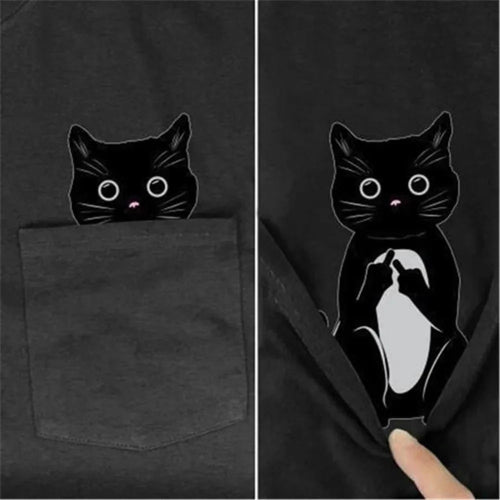 Black t-shirt with a cartoon black cat design on a dark background