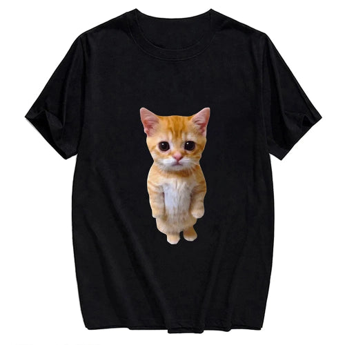 Black t-shirt with a cute cat graphic on a white background