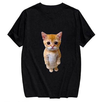 Black t-shirt with a cute cat graphic on a white background