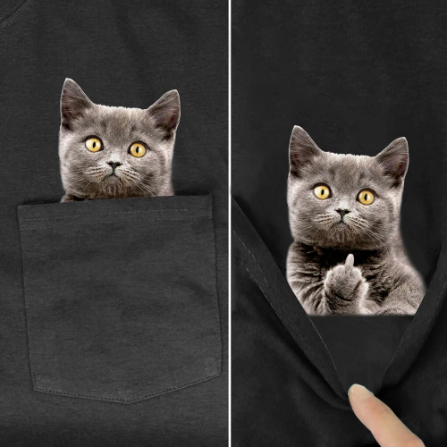 Black t-shirt with a pocket featuring a printed image of a gray cat peeking out.