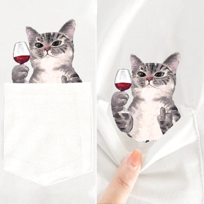 Two cat-themed phone cases with a design of a cat holding a glass of red wine, one showing a normal expression and the other making a middle finger gesture.