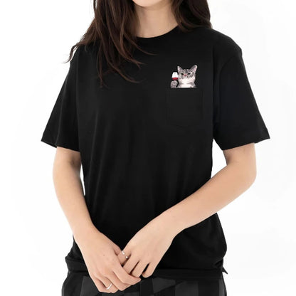 Person wearing a black t-shirt with a cat graphic on a white background