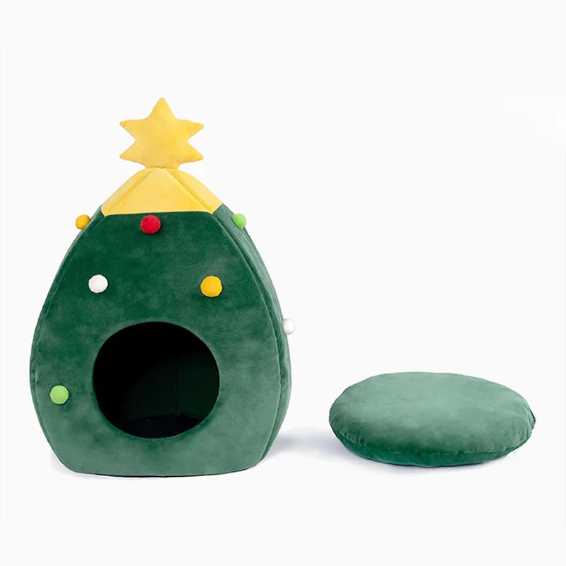 Christmas Tree Plush Pet Bed – Cozy Cave for Cats