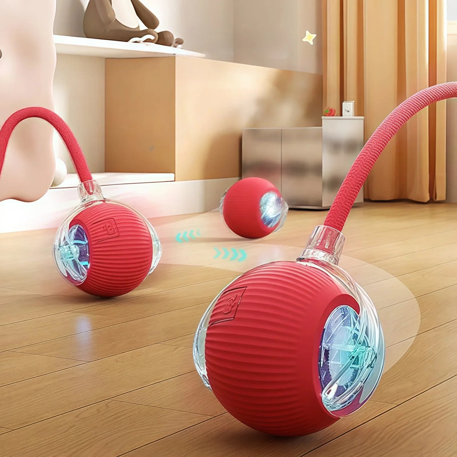 A red and clear rolling ball toy with a faux tail, seen in an indoor setting, potentially interacting with a cat.