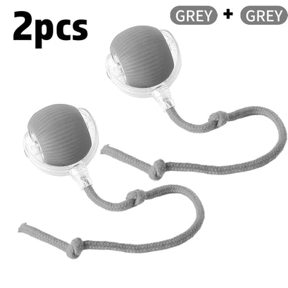 A rolling ball toy with a faux tail, designed for cats. The toy is white with a transparent window on the rolling part and has a grey loop for easy attachment to a string.