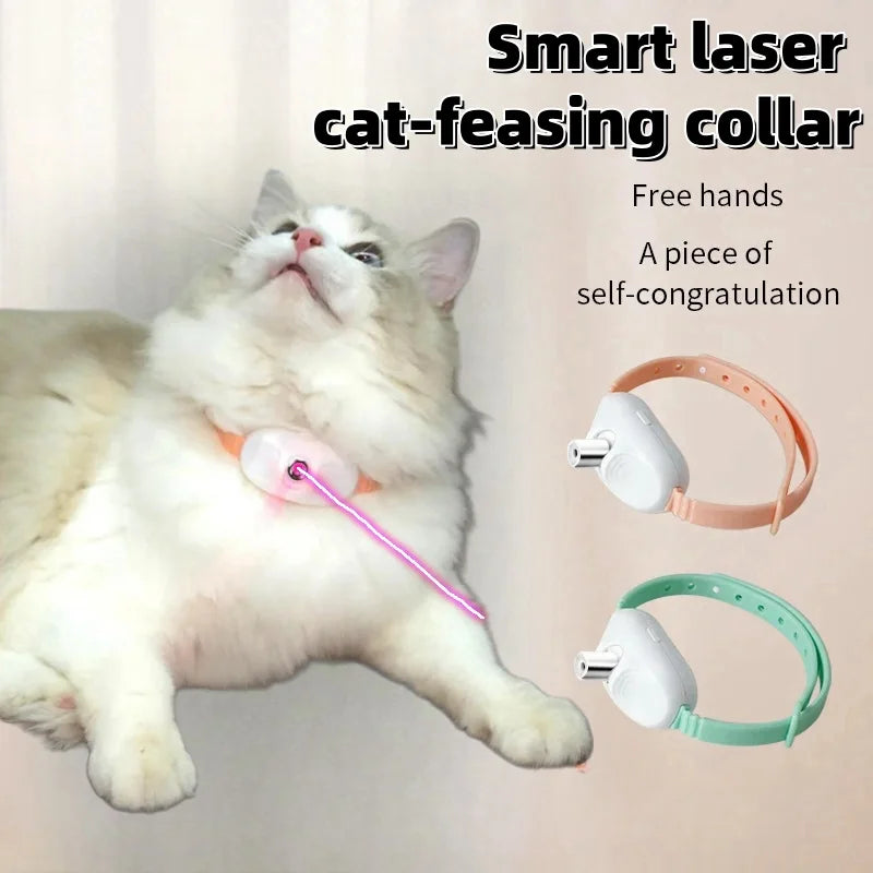 A promotional image of a Smart Laser Cat Toy Collar with a cat wearing the collar in a lying position. A laser pointer is attached to the collar, and there are two versions of the collar, one in pink and one in green, shown separately at the bottom.