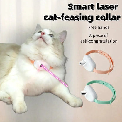 A promotional image of a Smart Laser Cat Toy Collar with a cat wearing the collar in a lying position. A laser pointer is attached to the collar, and there are two versions of the collar, one in pink and one in green, shown separately at the bottom.