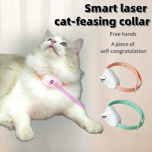 A promotional image of a Smart Laser Cat Toy Collar with a cat wearing the collar in a lying position. A laser pointer is attached to the collar, and there are two versions of the collar, one in pink and one in green, shown separately at the bottom.