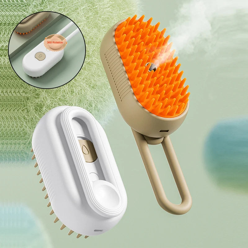 An image showing a beige and orange spray and groom brush for cats, with water spraying out from the top, displayed against a green background.