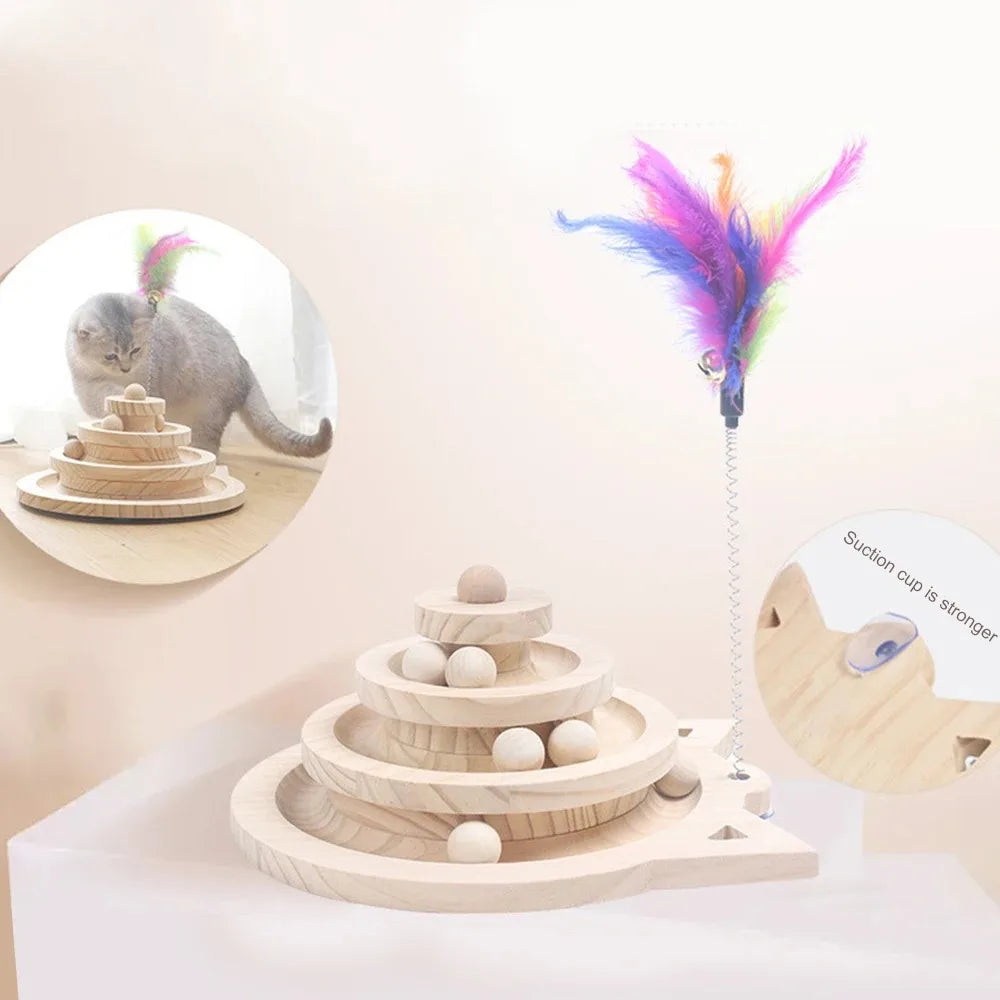 Triple-Level Wooden Cat Toy Tower