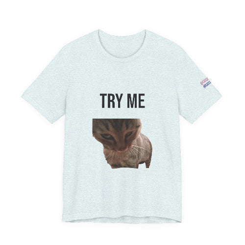Blue t shirt with intimidating cat