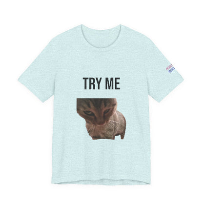 Blue t shirt with intimidating cat