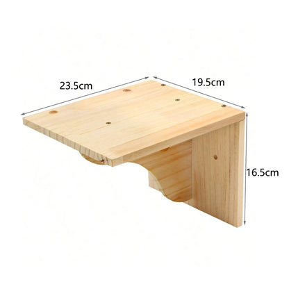 Wall-mounted cat hammock and scratcher with dimensions labeled, made of wood.
