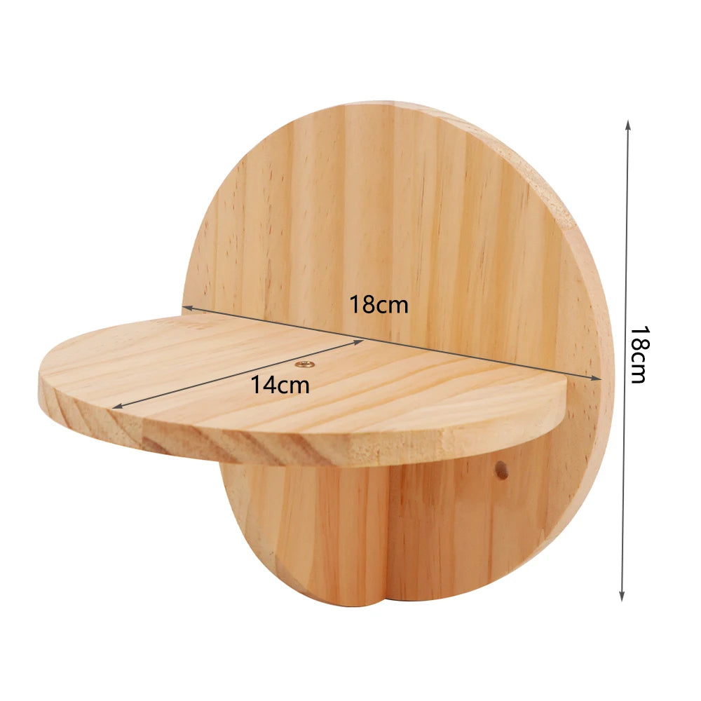 A wall-mounted cat hammock and scratcher made of wood, with dimensions labeled.
