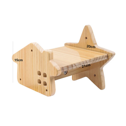 Wall-mounted cat hammock and scratcher made of wood, with dimensions labeled as 15cm by 20cm by 15cm.