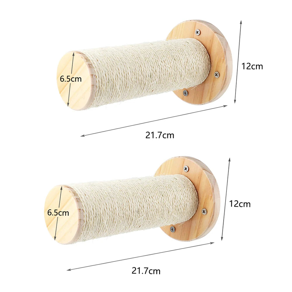 A wall-mounted cat hammock and scratcher with dimensions labeled, showing a cylindrical hammock wrapped in white rope with a wooden base and a scratching post attached to it.