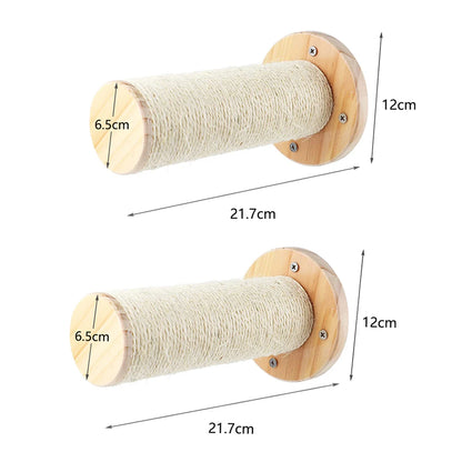 A wall-mounted cat hammock and scratcher with dimensions labeled, showing a cylindrical hammock wrapped in white rope with a wooden base and a scratching post attached to it.