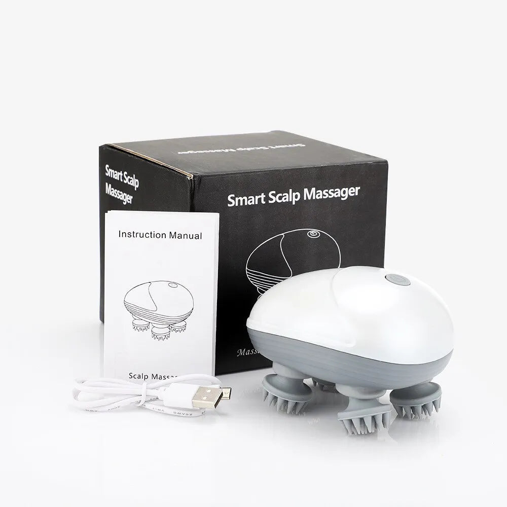 A white Waterproof Multi-Use Electric Head and Body Massager is displayed alongside its packaging box, with a black background. The massager has a rounded body with multiple massage heads and a USB charging cable is included.